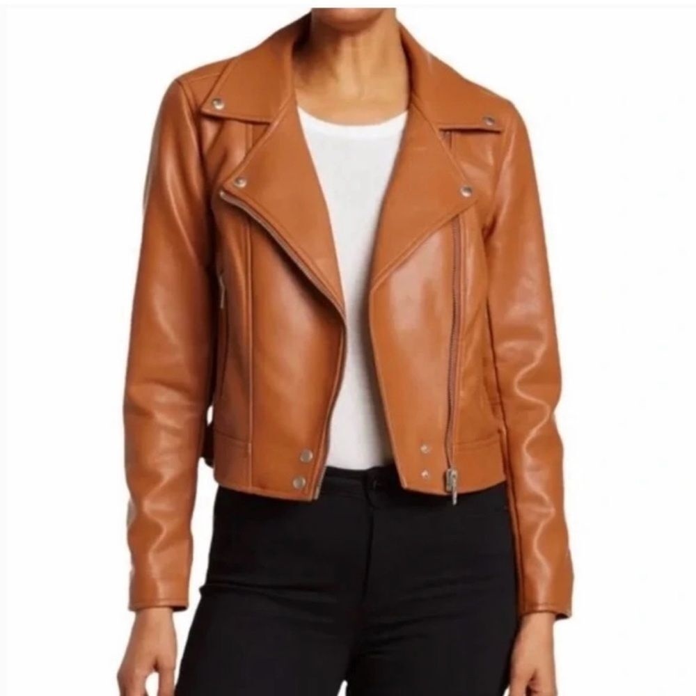 NWOT BlankNYC Good Vibes‎ Faux Leather Moto  Biker Jacket |1X |Cognac Brown